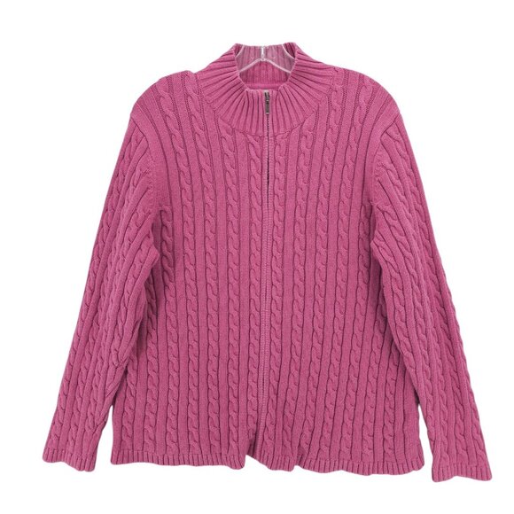 LL BEAN Cable Knit Zip Cardigan Pink Mauve 100% Cotton Women's 1X - Picture 1 of 6